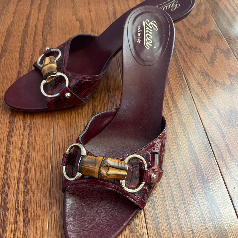 Gucci Burgundy Leather Slide Mules with Bamboo Horsebit